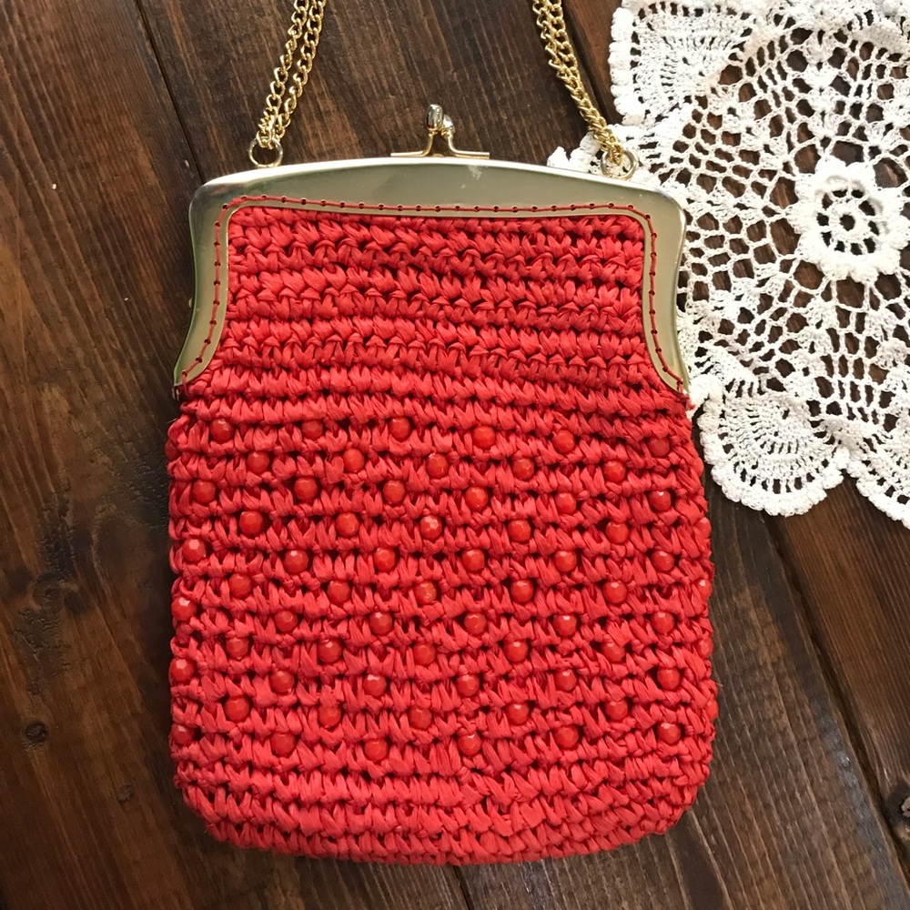 Vintage Red Raffia and Bead purse